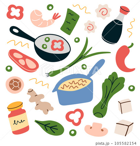 Ramen ingredients hand drawn collection, doodle icons of noodles, mushrooms, shrimps, soy sauce, vector illustrations of asian meal recipe, cooking noodle soup with broth, vegetables and seafood 105582154