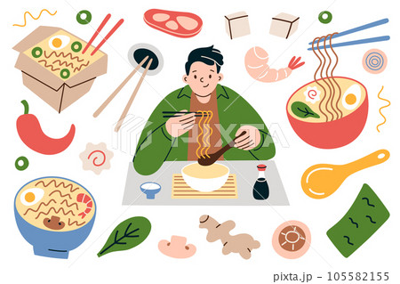 Man eating ramen at table, hand drawn collection of noodle soup bowls and chopsticks, Asian food, doodle icons of soy sauce, tofu, dried nori, vector illustrations of ramen toppings and ingredients 105582155