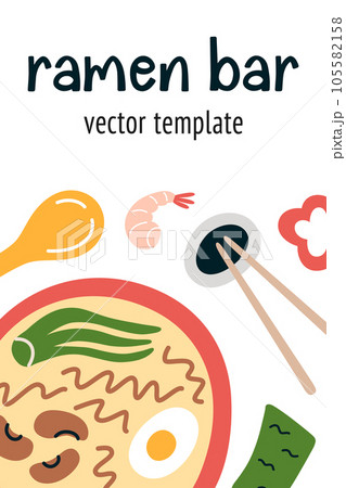 Noodle soup and chopsticks composition, template with copy space, ramen bar lettering, vector arrangement with soy sauce, soup spoon, dried nori, ramen shop menu card, poster design Noodle soup and chopsticks composition, template with copy space, ramen bar lettering, vector arrangement with soy sauce, soup spoon, dried nori, ramen shop menu card, poster design 105582158