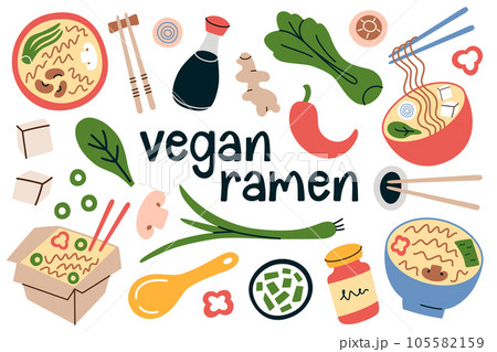 Vegan ramen hand drawn collection, doodle icons of noodle soup with different toppings, vector illustrations of tofu, bok choy, mushrooms, Asian food in bowls with chopsticks, isolated colored clipart Vegan ramen hand drawn collection, doodle icons of noodle soup with different toppings, vector illustrations of tofu, bok choy, mushrooms, Asian food in bowls with chopsticks, isolated colored clipart 105582159