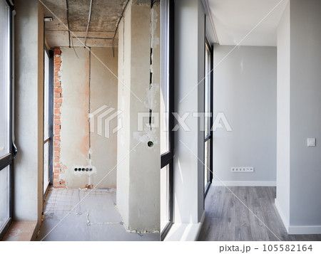 Comparison of apartment flat before and after restoration or refurbishment. Photo collage of old room with large windows and new renovated room with parquet floor and white walls. 105582164