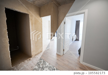 Modern apartment with doorways before and after refurbishment. Comparison of old flat and new place with white walls and modern interior design. Concept of home renovation. 105582173