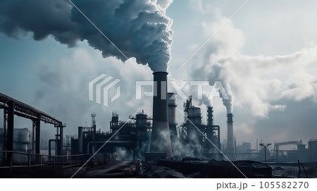 industrial landscape with chimneys with thick smoke causing air pollution in a gray smoky sky industrial landscape with chimneys with thick smoke causing air pollution in a gray smoky sky 105582270