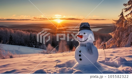 A happy snowman in a hat and scarf standing on top of a hill, with a beautiful landscape 105582322