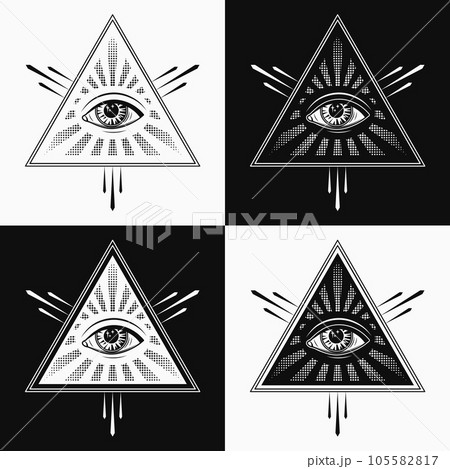 Composition with all seeing eye, third eye, eye of providence. Illuminati symbol in pyramid, triangle with light rays, halftone beams. Black and white illustration in retro, vintage style 105582817