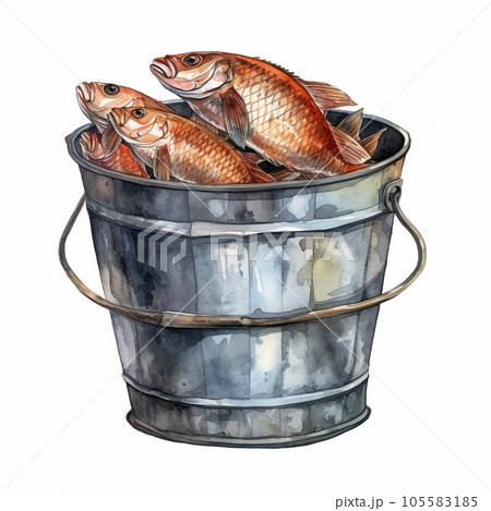 Watercolor drawing fishing bucket. Full of fish with red fins. Angling gear for logo, banner, card, leaflet, textile, sticker, wallpapers, wrapping paper, scrapbooking Watercolor drawing fishing bucket. Full of fish with red fins. Angling gear for logo, banner, card, leaflet, textile, sticker, wallpapers, wrapping paper, scrapbooking 105583185