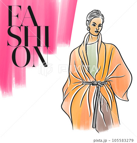 Beautiful girl in a trench coat, fashion, watercolor, doodle 105583279