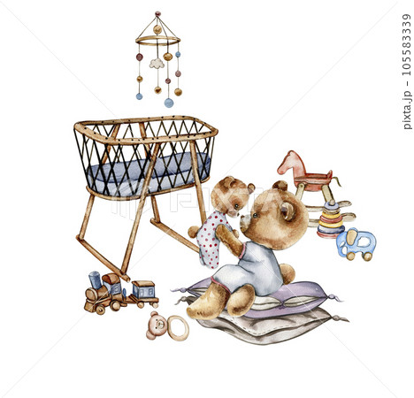 Composition of watercolor baby toys and teddy bear. Wood kids toys watercolor hand drawn. Educational wooden blocks and objects for toddlers.Perfect for wedding invitation, greetings card, posters. 105583339
