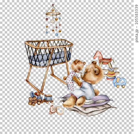 Composition of watercolor baby toys and teddy bear. Wood kids toys watercolor hand drawn. Educational wooden blocks and objects for toddlers.Perfect for wedding invitation, greetings card, posters. Composition of watercolor baby toys and teddy bear. Wood kids toys watercolor hand drawn. Educational wooden blocks and objects for toddlers.Perfect for wedding invitation, greetings card, posters. 105583339