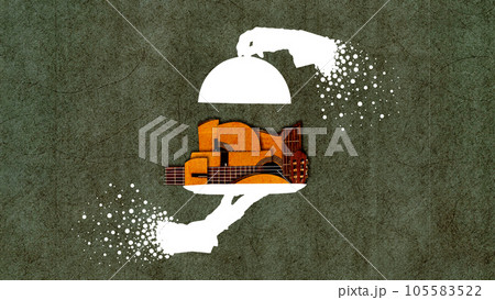 Serving good music. Creative image of guitar over dark green vintage background. Contemporary art collage 105583522