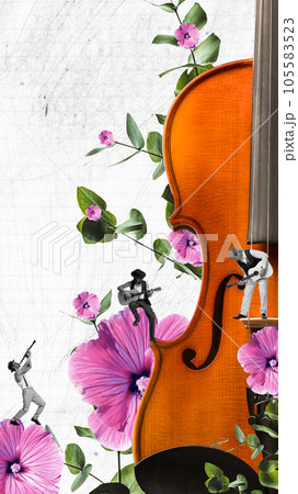 Blooming sounds. Talented man playing guitar and clarinet. Classical music, performance. Contemporary art collage 105583523