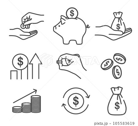 Money, finance, banking outline icons collection. Set of Banking, Wallet and Coins icons. Credit card, Currency exchange and Cashback money service. 105583619