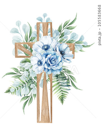 Floral cross. Wooden cross with blue flowers, fern, eucalyptus twigs. Baptism ceremony 105583668
