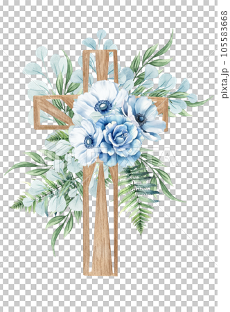 Floral cross. Wooden cross with blue flowers, fern, eucalyptus twigs. Baptism ceremony 105583668
