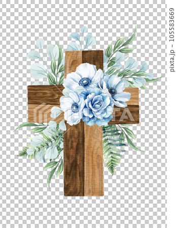 Floral cross. Wooden cross with blue flowers, fern, eucalyptus twigs. Baptism ceremony 105583669