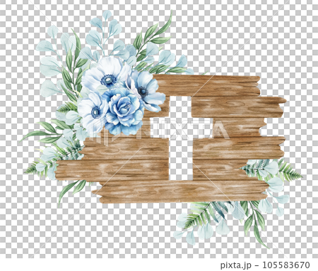 Floral cross. Wooden cross with blue flowers, fern, eucalyptus twigs. Baptism ceremony 105583670