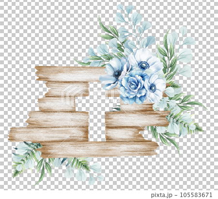 Floral cross. Wooden cross with blue flowers, fern, eucalyptus twigs. Baptism ceremony 105583671