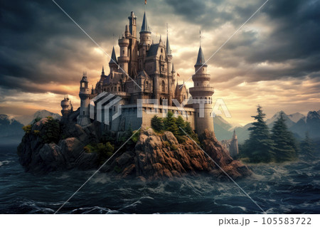 medieval fantasy castle on a big rock...のイラスト素材 [105583722] - PIXTA