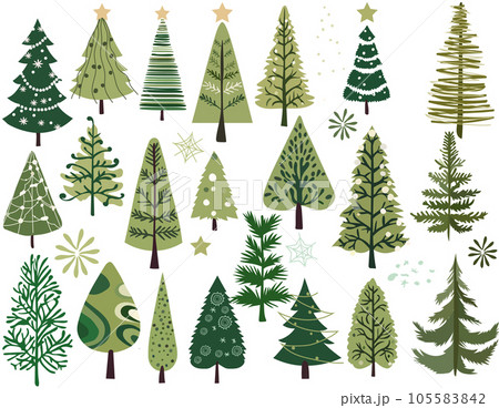 Hand-drawn vector collection of Christmas trees, adorned with festive ornaments, stars, snowflakes. Christmas symbols Perfect for web, banner, card. Vector 105583842
