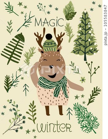 Christmas poster with winter trees, stars, snowflakes and forest animals, funny deer. Seasonal poster with holiday symbols. Perfect for web, banner, card. Vector Christmas poster with winter trees, stars, snowflakes and forest animals, funny deer. Seasonal poster with holiday symbols. Perfect for web, banner, card. Vector 105583847