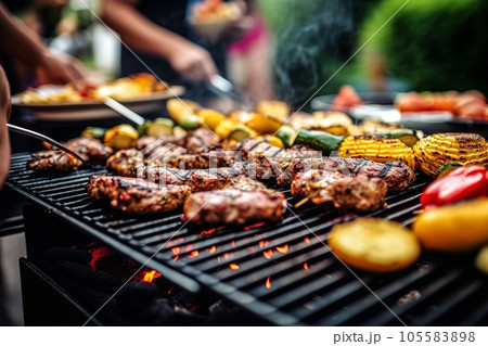 Party barbecue, delicious grilled meat on the grill Party barbecue, delicious grilled meat on the grill 105583898