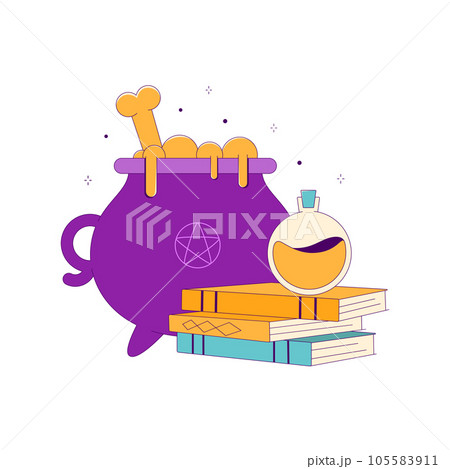 Lined Witch Cauldron with Potion Bottle and Magic Books Lined Witch Cauldron with Potion Bottle and Magic Books 105583911