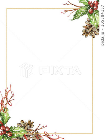 Collection of watercolor postcards with Christmas and winter. Poinsettia, holly, Christmas tree toys, holiday symbols. Suitable for the design of postcards, New Year's invitations. 105584137