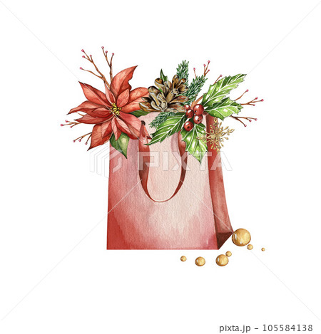 Collection of watercolor postcards with Christmas and winter. Poinsettia, holly, Christmas tree toys, holiday symbols. Suitable for the design of postcards, New Year's invitations. 105584138