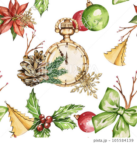 Collection of watercolor postcards with Christmas and winter. Poinsettia, holly, Christmas tree toys, holiday symbols. Suitable for the design of postcards, New Year's invitations. 105584139