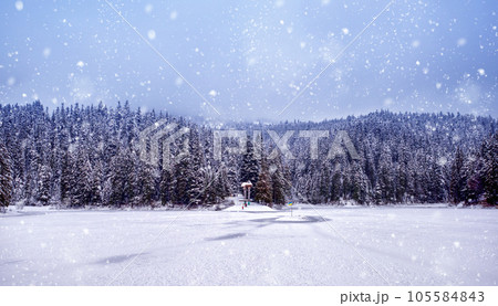 Ice covered Synevyr lake in Ukraine, gorgeous location in forested Carpathian mountains Ice covered Synevyr lake in Ukraine, gorgeous location in forested Carpathian mountains 105584843