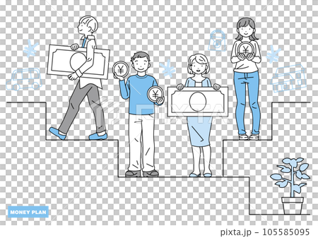 Men and women with money thinking of what they want Men and women with money thinking of what they want 105585095