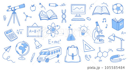 Back to school education doodle icon. Hand drawn line doodle sketch style back to school illustration. Hand drawn book, bag, globe education elements background. Vector Back to school education doodle icon. Hand drawn line doodle sketch style back to school illustration. Hand drawn book, bag, globe education elements background. Vector 105585484