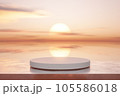 3D podium with copy space for product display presentation on tropical sunset beach abstract background. Tropical summer and vacation concept. 105586018