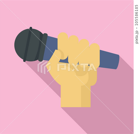 Microphone in hand icon. Flat illustration of microphone in hand vector icon for web design 105586185