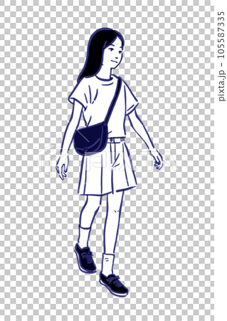 歩く女の子の線画イラスト 105587335