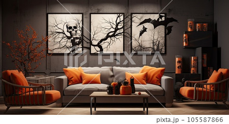 Festive halloween decoration in living room. Modern interior. Generative AI. 105587866