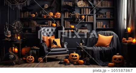 Festive halloween decoration in living room. Modern interior. Generative AI. 105587867