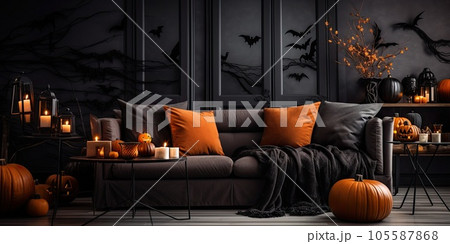 Festive halloween decoration in living room. Modern interior. Generative AI. 105587868