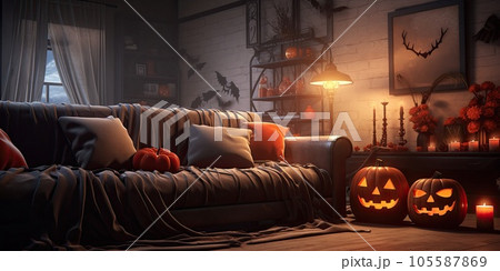 Festive halloween decoration in living room. Modern interior. Generative AI. 105587869