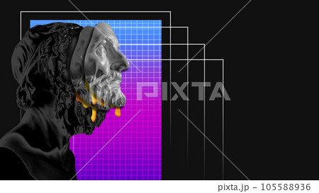 Dark antique statue bust with broken face parts against black mode background with bright abstract elements. Contemporary art collage. Dark antique statue bust with broken face parts against black mode background with bright abstract elements. Contemporary art collage. 105588936