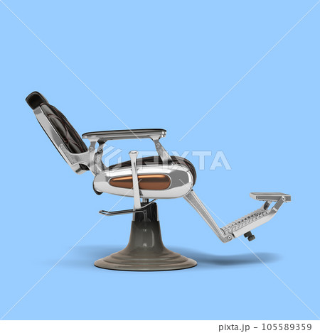 Retro black leather barber chair with chrome inserts right view 3d render on blue background 105589359