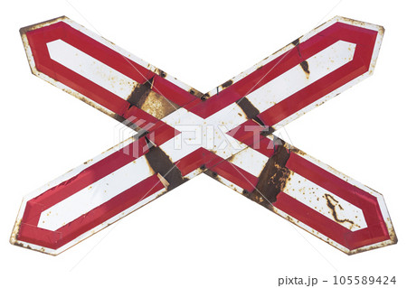 Old rusty road sign 'Railroad crossing' isolated on white 105589424
