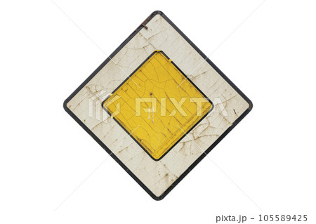 Old faded road sign 'Priority road' isolated on white 105589425