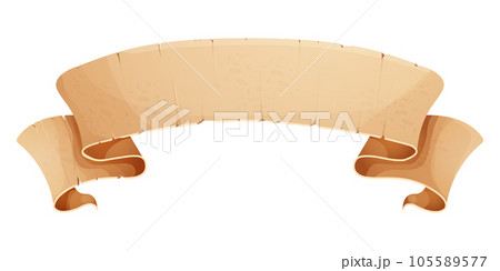 Parchment paper scroll ribbon, old vintage banner game ui element in cartoon style isolated on white background. Parchment paper scroll ribbon, old vintage banner game ui element in cartoon style isolated on white background. 105589577
