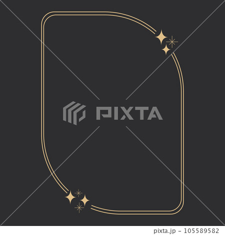 Golden celestial frame, border, arch line art esoteric minimal decoration with sparkles isolated on dark background. 105589582