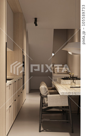 Kitchen interior with natural materials. Wooden cabinet, ceiling, stone countertop and concrete floor. Front view and night lighting. 3d rendering. High quality 3d illustration Kitchen interior with natural materials. Wooden cabinet, ceiling, stone countertop and concrete floor. Front view and night lighting. 3d rendering. High quality 3d illustration 105589733