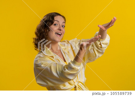 Woman showing wasting, throwing money around, more tips, big profit winning lottery jackpot shopping 105589739