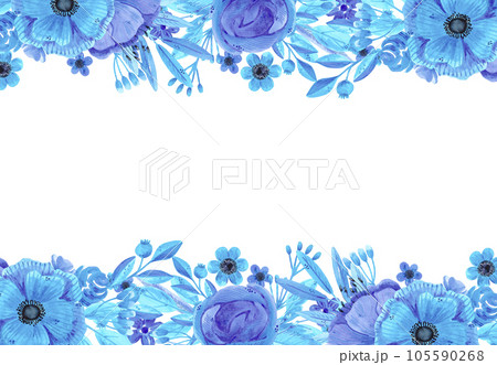 Hand drawn watercolor blue flowers and leaves boarder frame. Isolated on white. Can be used for cards, banners, invitations, label. 105590268