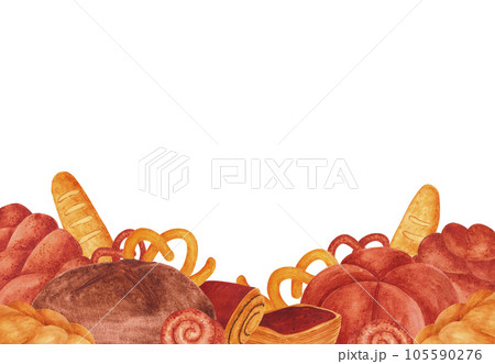 Hand drawn watercolor buns and bread frame boarder. Isolated on white background. Can be used for Scrapbook design, cards, label, banner and any printed products. Hand drawn watercolor buns and bread frame boarder. Isolated on white background. Can be used for Scrapbook design, cards, label, banner and any printed products. 105590276