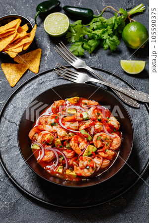 mexican shrimp cocktail salad in a bowl, top view mexican shrimp cocktail salad in a bowl, top view 105590375